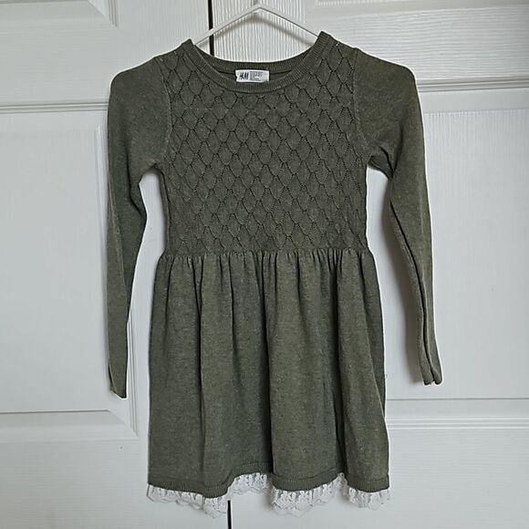 H&M Girl's Knitted Long Sleeves Midi Sweater Dress With Lace Hem 6-7 Olive Green - Picture 1 of 16